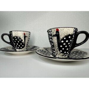 Sibongile Pottery Crane Birds Set of Teacups and Saucers, Black White Polka Dots